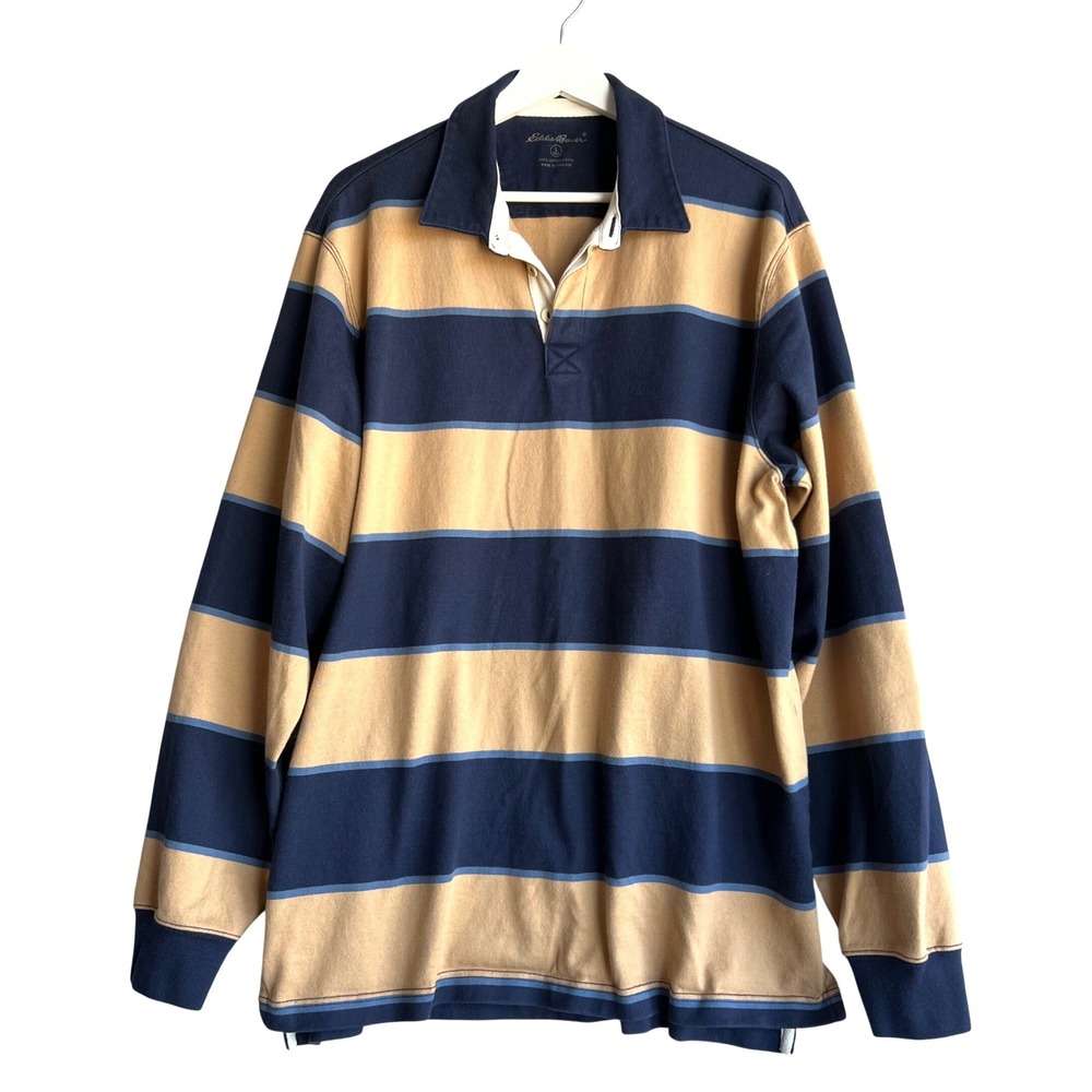 Eddie Bauer Rugby Shirt Long Sleeve Striped Navy Tan Cotton  Mens Large Tall
